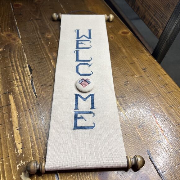 Handmade Cross Stitch Wall Hanging, WELCOME, Americana, Heart , Patriotic - Picture 1 of 5